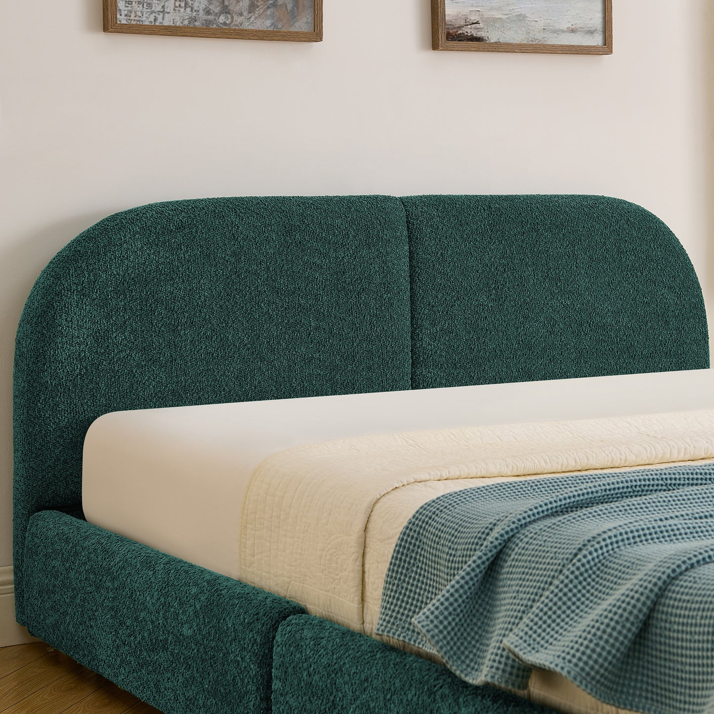 Queen Size Upholstered Bed Frame Modern Minimalist Style - Circle Yarn Fabric, Tall Curved Headboard, Sturdy Leg Support & Wheeled Drawer Storage, Mattress Not Included -Green