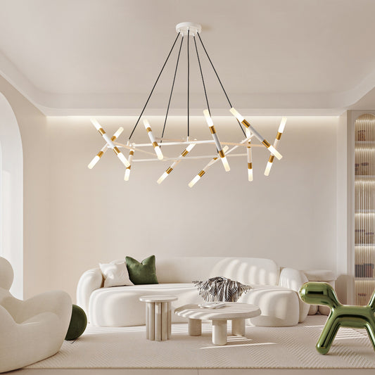 41 White & Golden Modern Chandelier Light Fixture, Branch Design With Frosted Tubes, Black Cords, Adjustable Height Pendant Light For Dining Room, Living Room, Or Kitchen Island Bulb Not Included