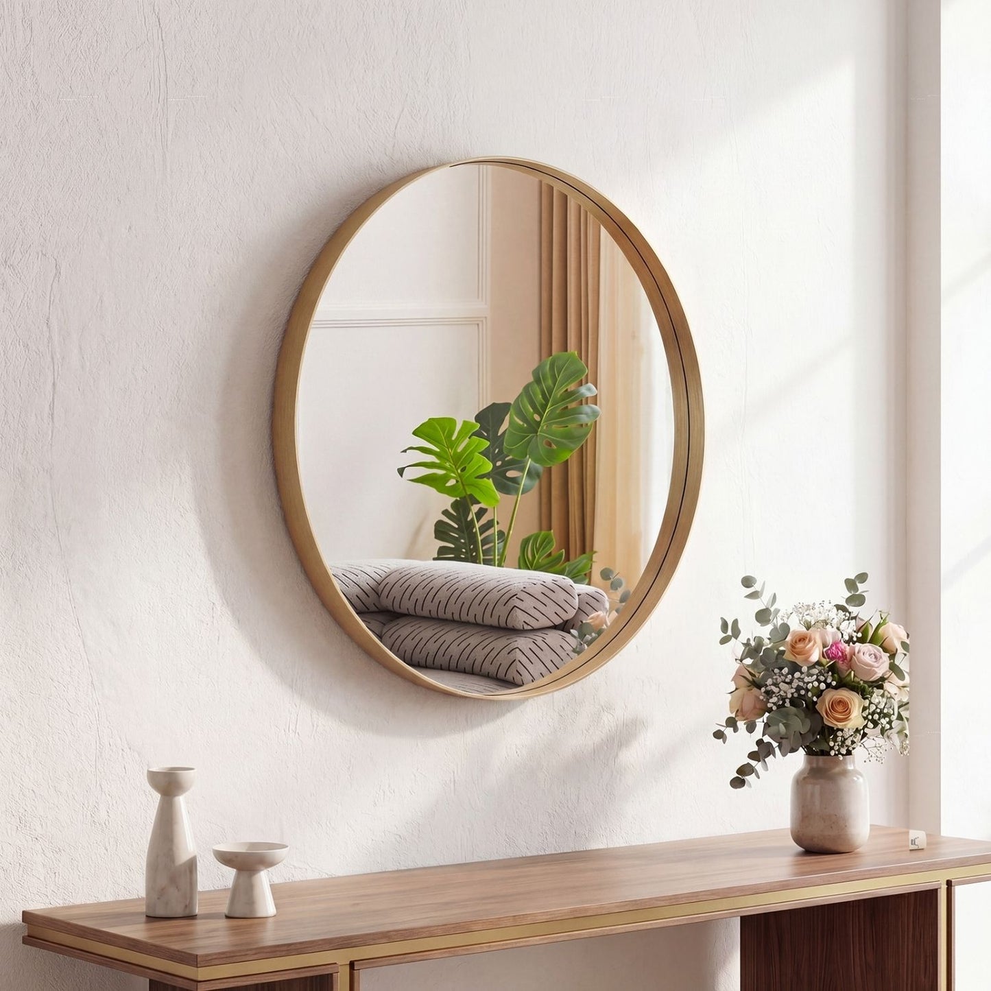 Round Wall Mirror With Metal Frame, Bathroom Round Wall Mirror