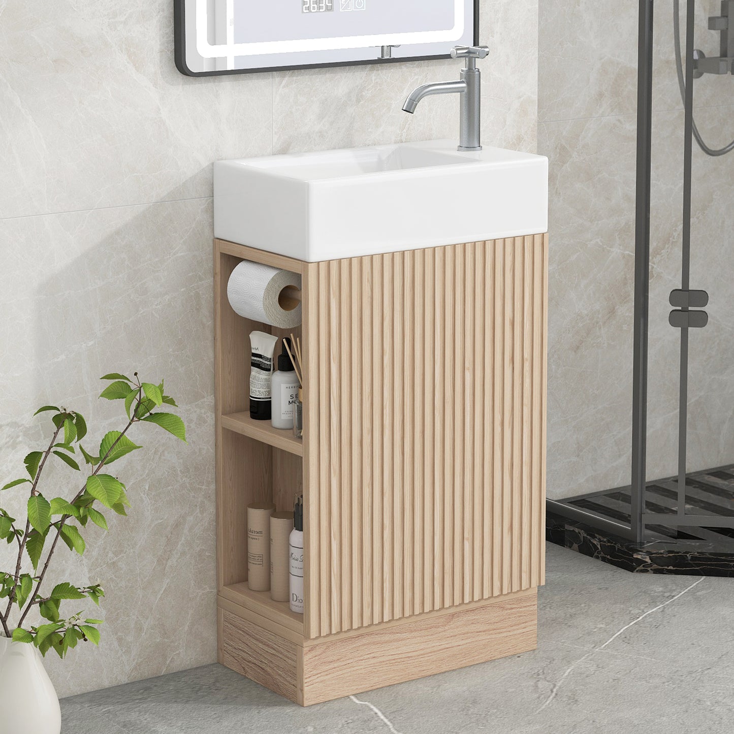 18.6 Bathroom Vanity With Sink, Bathroom Vanity Cabinet With Two-tier Shelf, Left Or Right Orientation, Natural