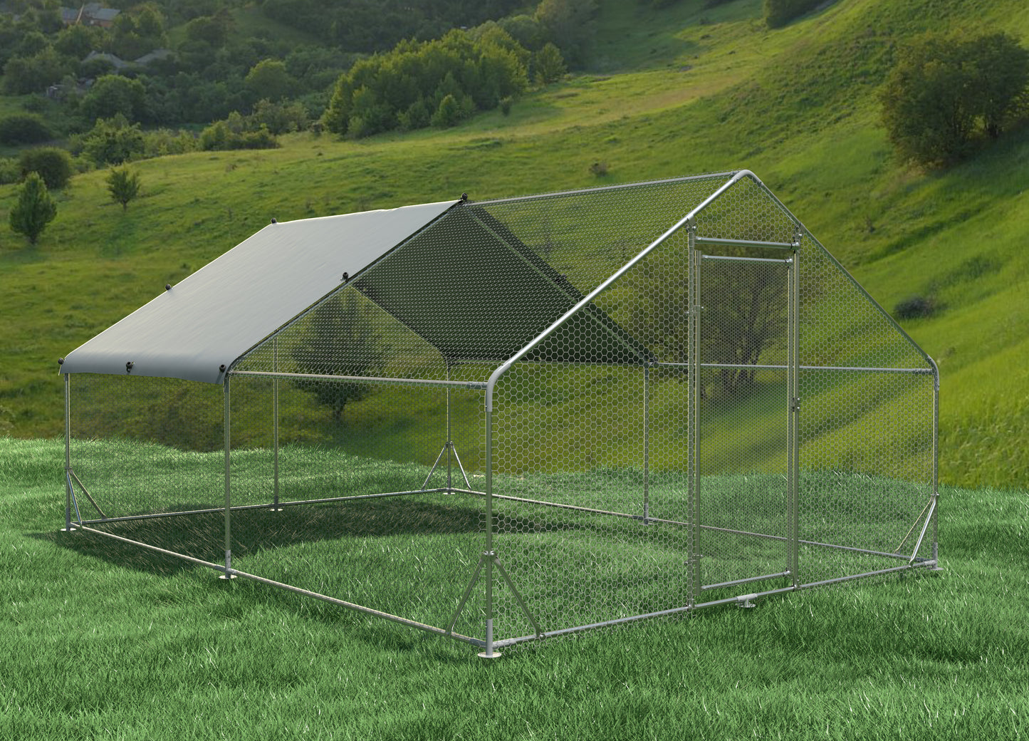 Large Metal Chicken Coop Walk-in Poultry Cage Hen Run House Rabbits Habitat Cage Spire Shaped Coop With Waterproof And Anti-Ultraviolet Cover 13.1L X 9.8 W X 6.4H