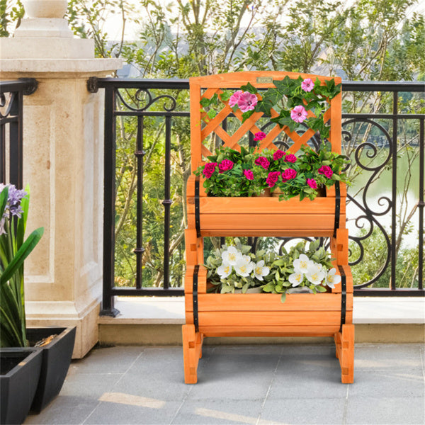 2-Tier Solid Fir Wood Raised Garden Bed With Trellis Cylindrical Planter Box For Climbing Plants