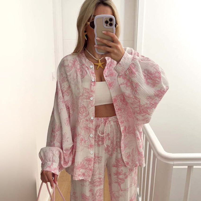Breathable Long-sleeve Long-pants Cotton Pajamas For Women