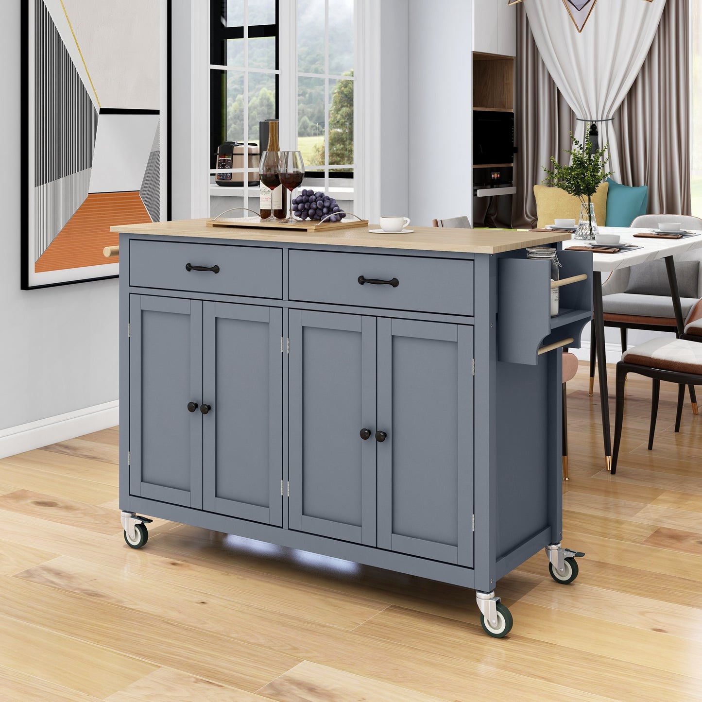 Kitchen Island Cart With Solid Wood Top And Locking Wheels,54.3 Inch Width,4 Door Cabinet And Two Drawers,Spice Rack, Towel Rack Grey Blue