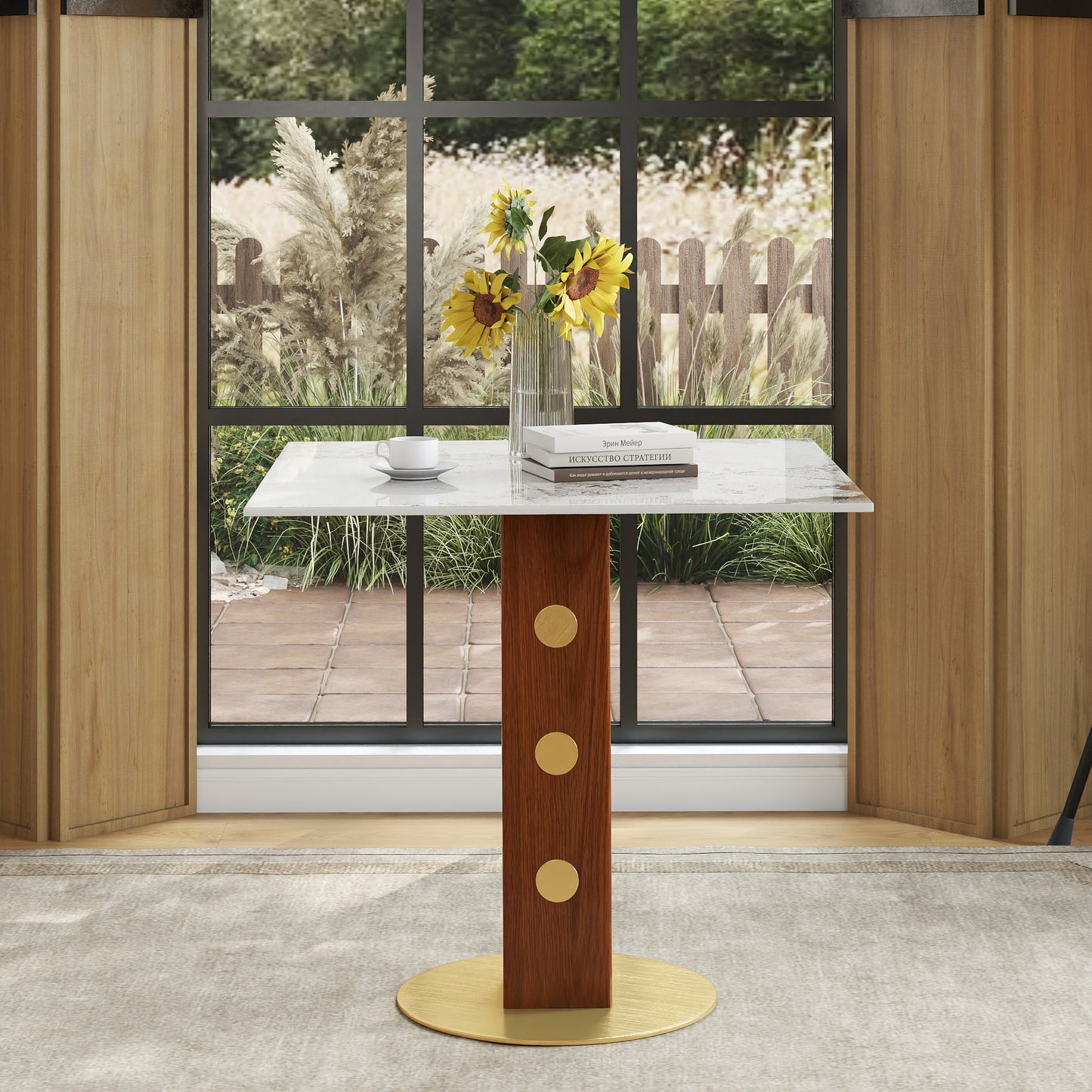 Modern Square Dining Table, 33.5 Sintered Stone Table With Wooden Leg & Gold Base, 2 - Person Kitchen Table For Small Space, 150lbs Weight Capacity Only The Negotiation Table