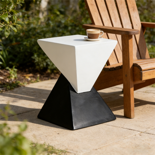 Modern Geometric MGO Side Table - Black & White Two Tone Indoor Outdoor End Table For Living Room, Patio, Garden, 18'' H X 12.5'' Base