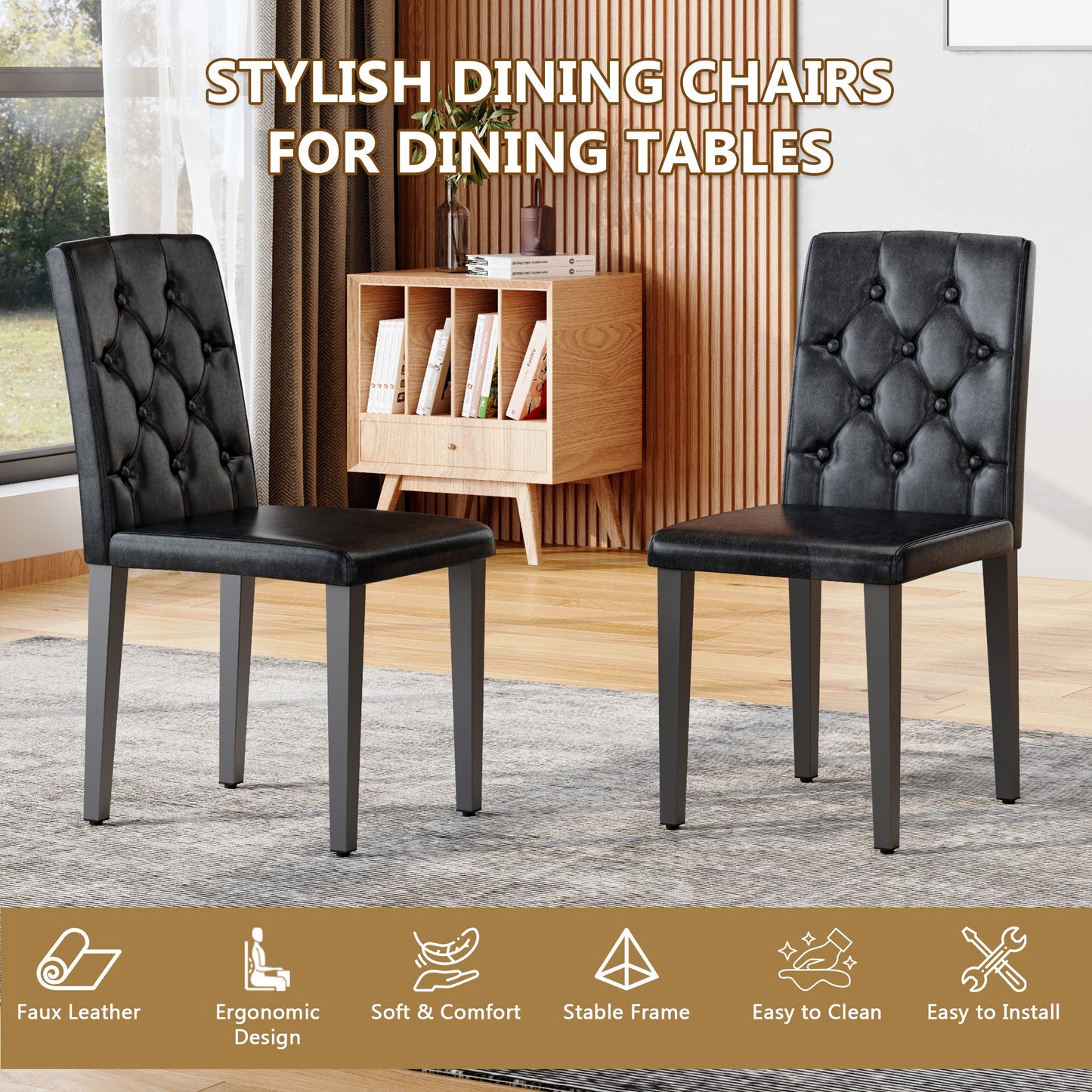 2-pack Black PU Dining Chairs,Ergonomic Buckle Backrest, 35 Inches High, Black Metal Legs,Combines Comfort And Texture.Perfectly Suitable For Family Dining Rooms, Hotel Banquet Halls,etc.
