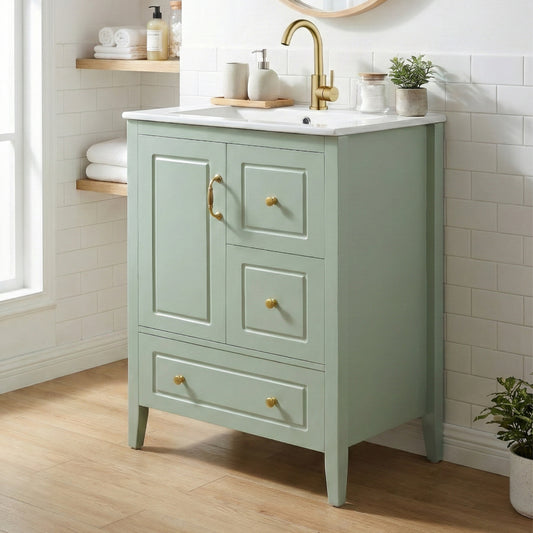 24 Inch Bathroom Vanity With Sink, One Cabinet With Soft-closing Door, 3 Soft-closing Drawers, Retro Metal Handles, Light Green