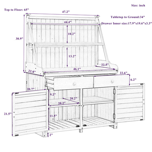 TOPMAx 65inch Garden Potting Bench Table Fir Wood Workstation With Storage Shelf Drawer And Cabinet Gray