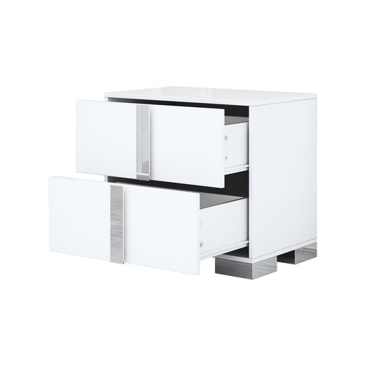 Elegant Nightstand With Metal Foot, Mirrored Bedside Table With 2 Drawers For Bedroom, Living Room, White