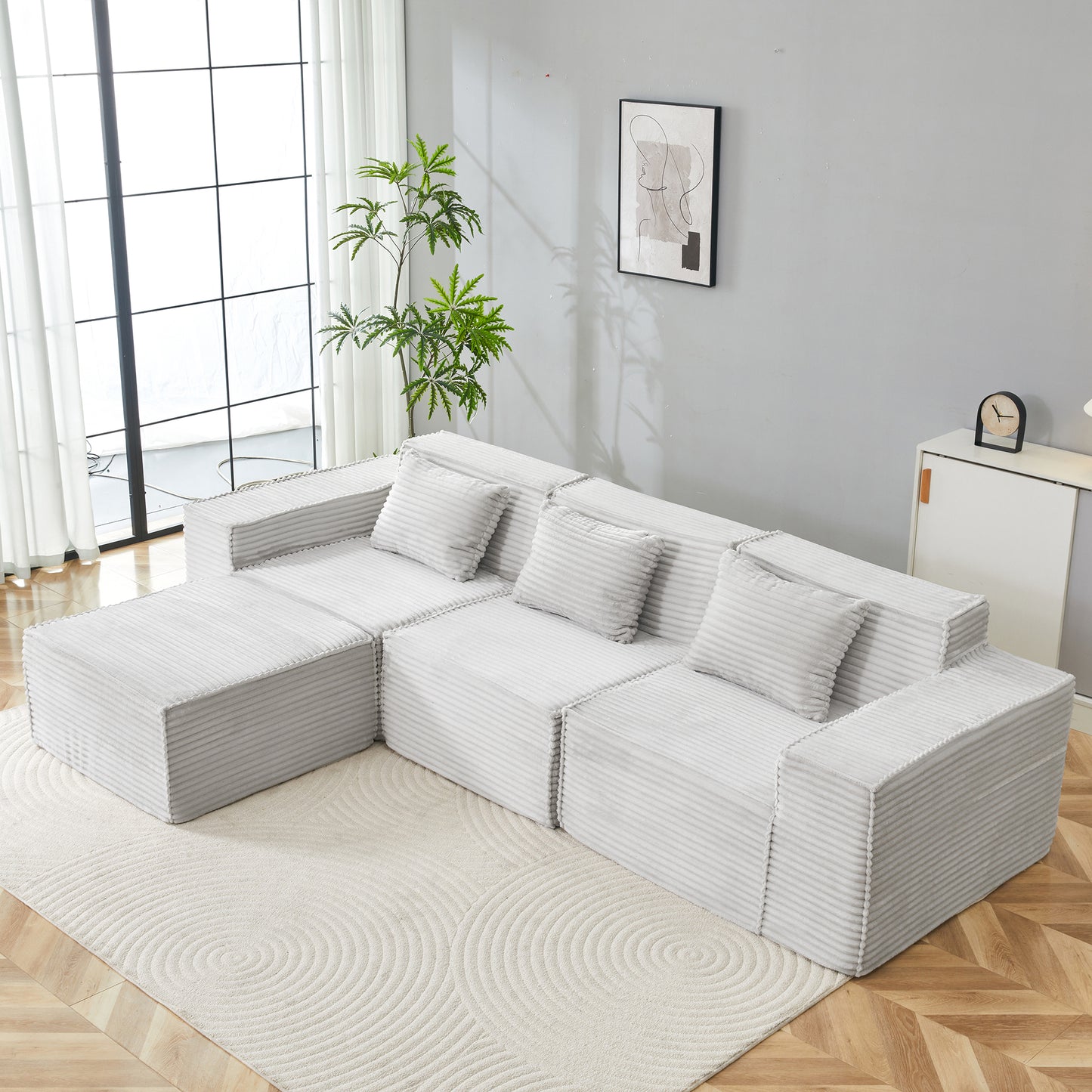 L-Shaped Modular Sectional Sofa, 3-Seater With Ottoman, Striped Corduroy Fabric, High-Density Foam For Home, Apartment, Office Light Gray