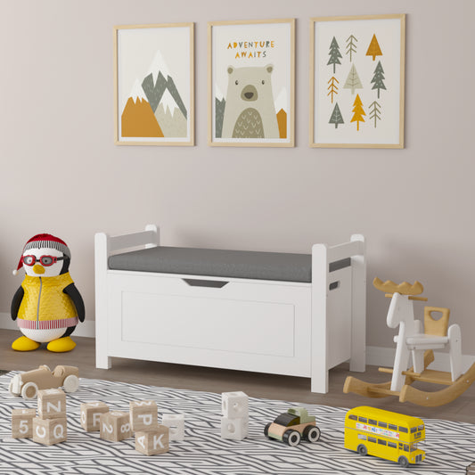 Kids Toy Box Chest, White Toy Box For Boys Girls, Large Storage Cabinet With Cushion Seat Bench Flip-Top Lid Safety Hinge, Toy Storage Organizer Trunk For Nursery, Playroom