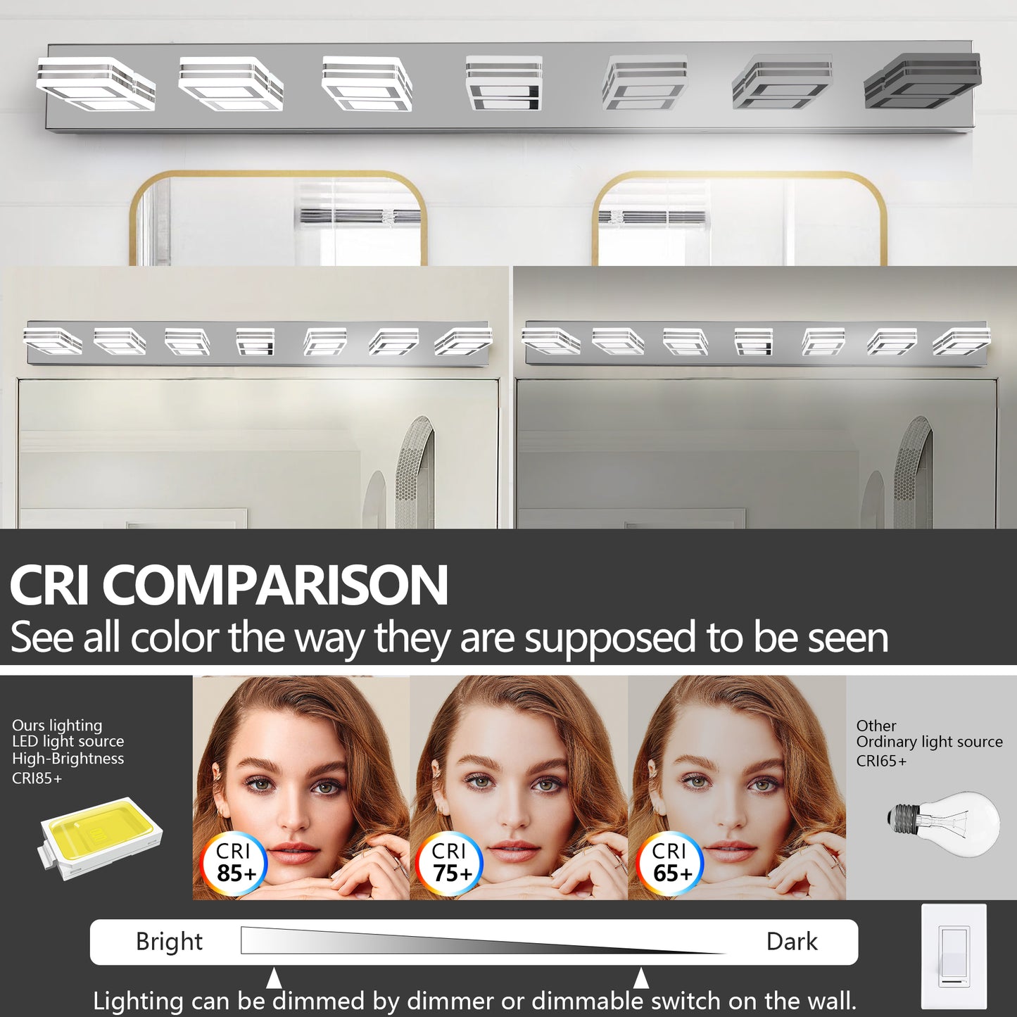 45in Modern Chrome 7-Light LED Vanity Light, Square Acrylic Lampshades Wall Mount Fixture For Bathroom, Mirror Lighting