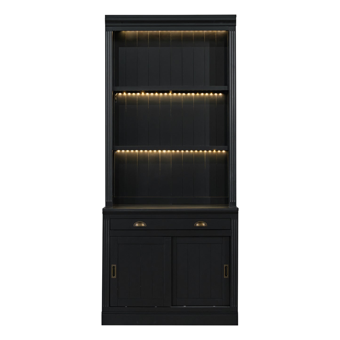 83.4Tall Bookshelf With With 3 Pieces LED Lighting, Modern Bookcase With Sliding Doors And Open Shelves,Storage Bookshelf For Living Room,Home Office,Black