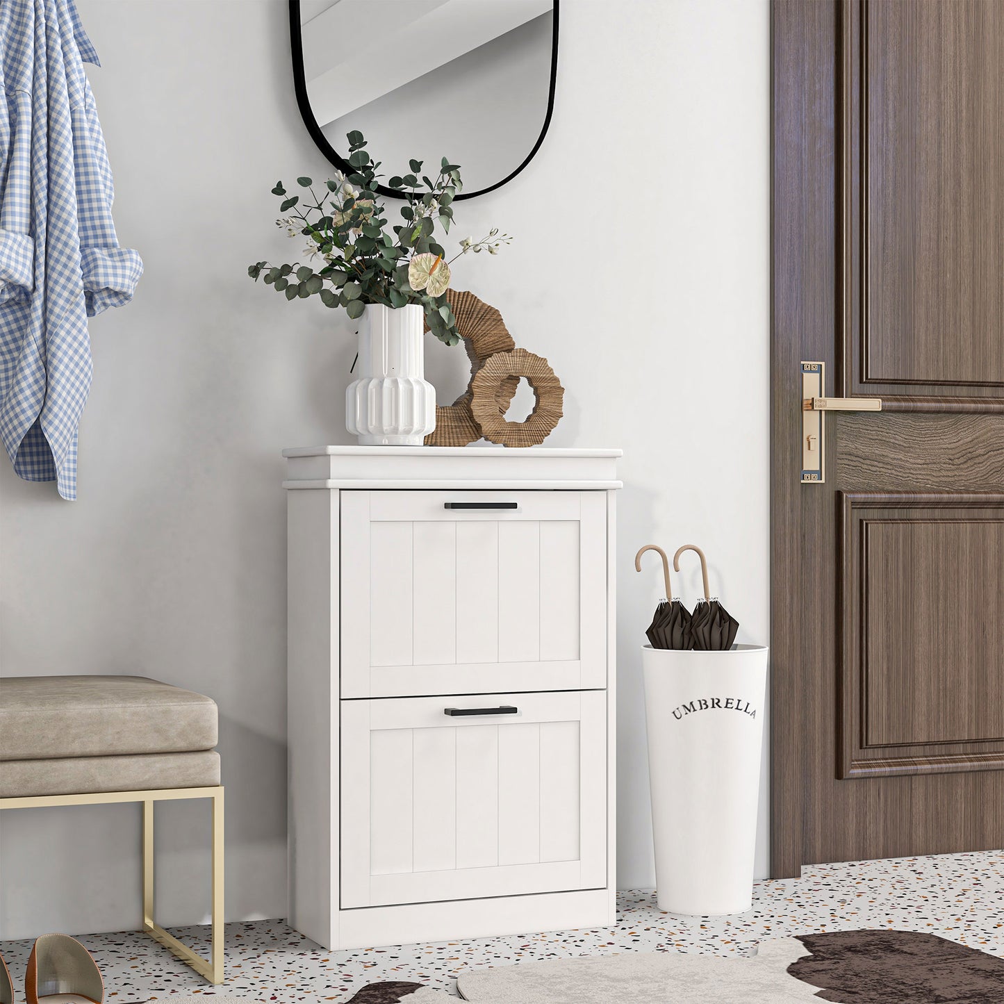 Modern Shoe Storage Cabinet With 2 Flip Drawers For 10 Pairs, Narrow Shoe Organizer For Entryway, Hallway, White