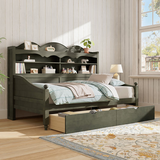 Twin Daybed With Storage Drawers, Wooden Twin Day Bed With Storage Headboard Shelving, Retro Style Daybed For Bedroom,Living Room,Guest Room,No Box Spring Needed, Easy Assembly, Antique Grey