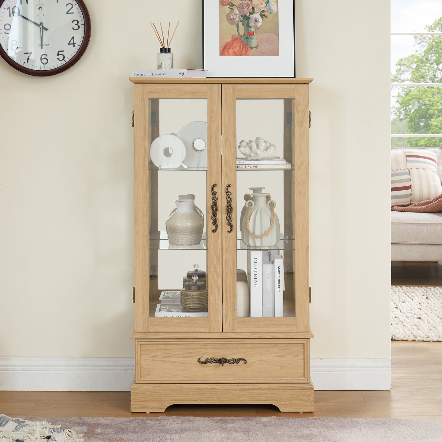 Glass Cabinet Lighted Glass Cabinet Curio Display Cabinet With Adjustable Glass Shelves 2 Doors And 1 Drawer Cabinet Bulb Included OAK