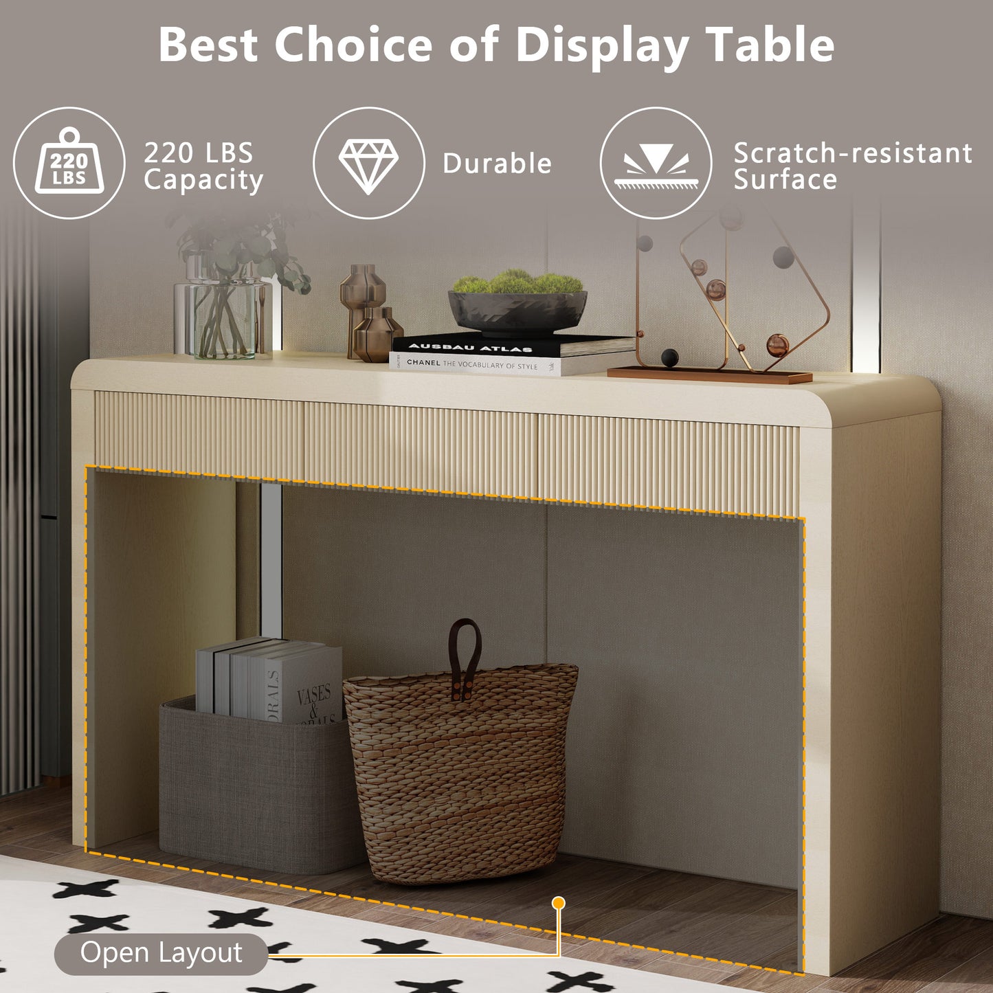 TREXM Rustic Console Table With 3 Fluted Drawers - Solid Wood Veneer Entryway Table Featuring Natural Wood Grain For Living Room Hallway Apricot