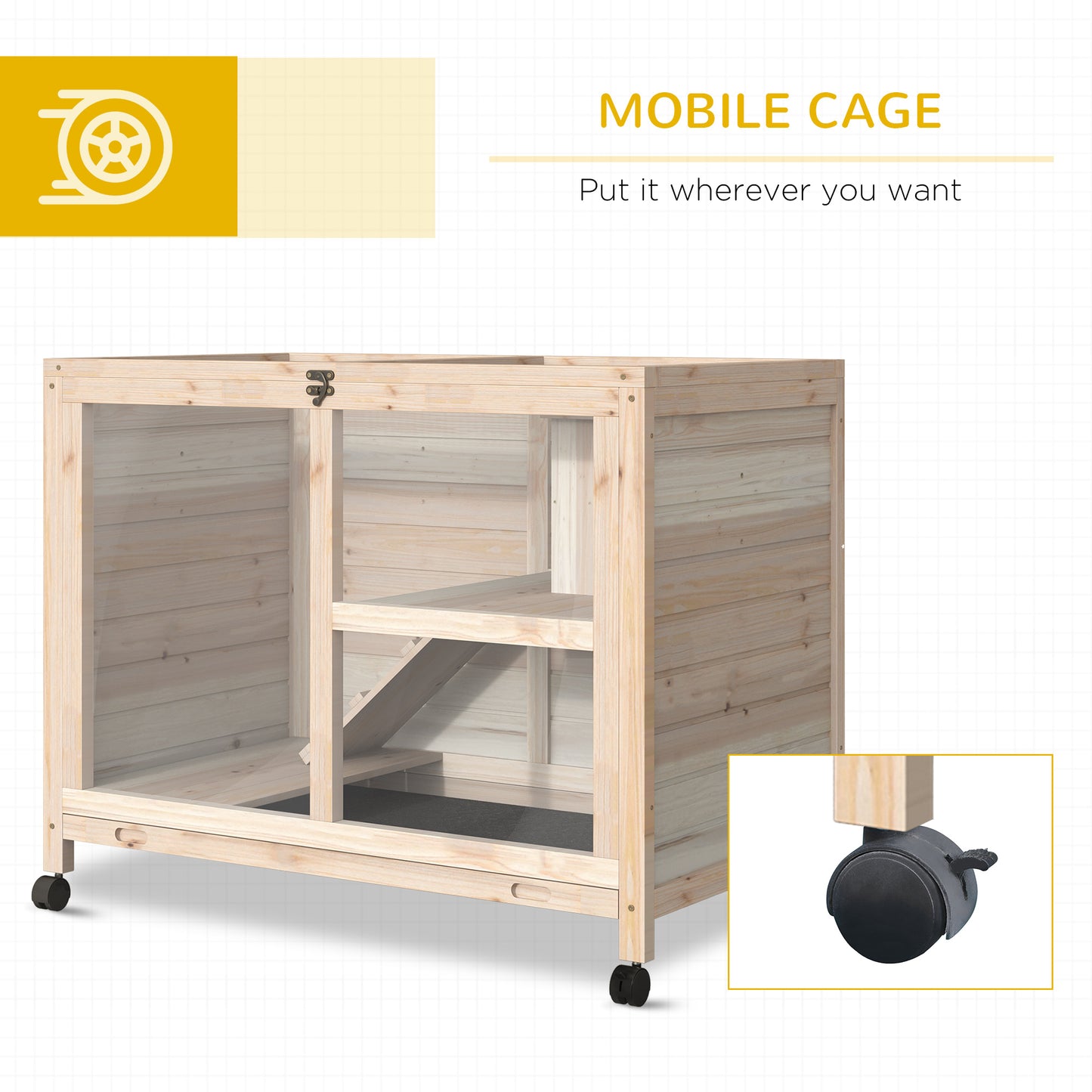 Rabbit Hutch With Wheels, Desk And Side Table Sized, Wooden Rabbit Cage, Waterproof Small Bunny Cage With Removable Tray, Openable Roof, For Rabbits, Chickens, Ducks, Indoor/Outdoor, Natural
