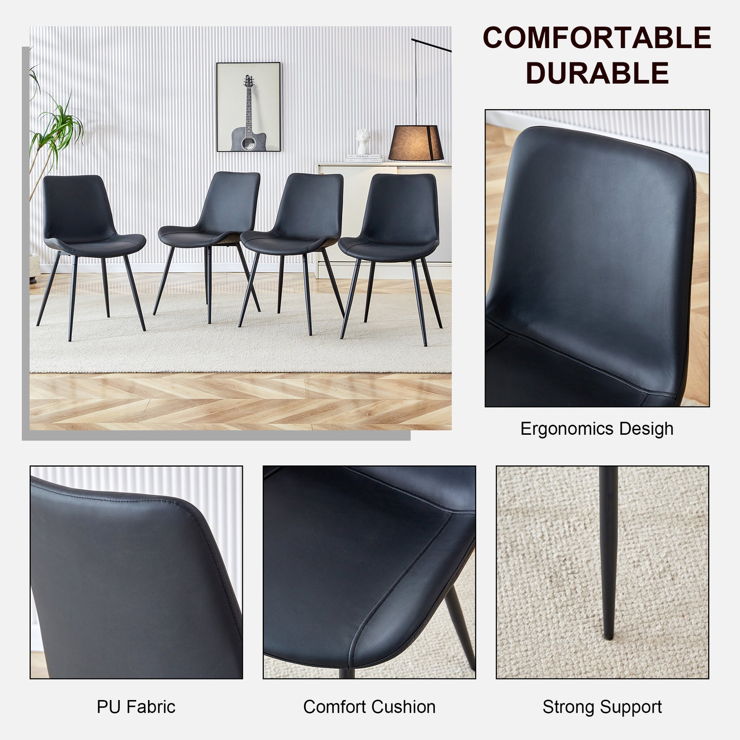 Black Artificial Leather Backrest Cushion Dining Chair, Black Metal Legs, Curved Widened Cushion Design For More Comfort, Suitable For Restaurants, Kitchens, Bedrooms, Offices. 6 Chairs 0502