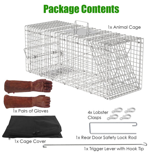 1Pc Humane Cat Trap Cage With Waterproof Cover Gloves Catch Release Live Animal Rodent Cage Collapsible Galvanized Wire For Raccoons Beavers Groundhogs Foxes Armadillos