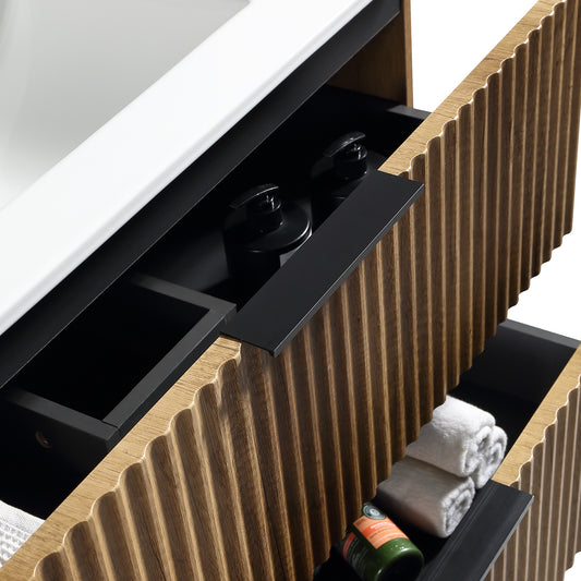 36 Inch Wall-Mounted Bathroom Vanity With 3D Fluted Panel & Ceramic Integrated Sink