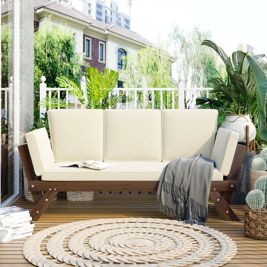TOPMAx Outdoor Adjustable Patio Wooden Daybed Sofa Chaise Lounge With Cushions For Small Places Brown Finish Beige Cushion