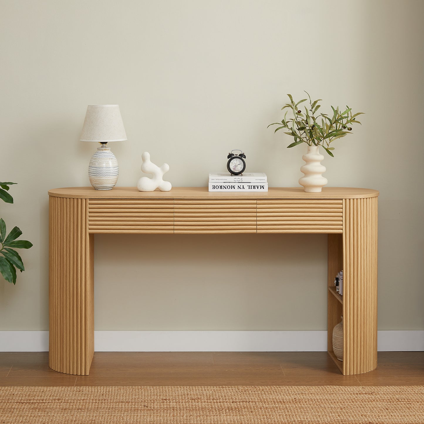Retro Console Table With Storage, 3 Drawers, 1 Table-Leg Niche, Round Slat Aesthetic, Entryway, Living Room & Hallway, Nature