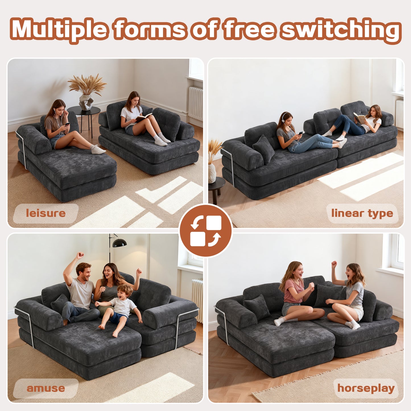 104 Boneless Sofa,Sectional Compressed Couch With Chaise, Deep Seat Modular Sectional Sofa Chenille Memory Foam Sofa Boneless Couches For Living Room Bedroom, No Assembly Required