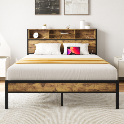 Full Size Bed Frame With Storage Headboard, Metal Platform Bed With Charging Station, Bookcase Storage, No Box Spring Needed, Easy Assembly, Noise-Free, Black