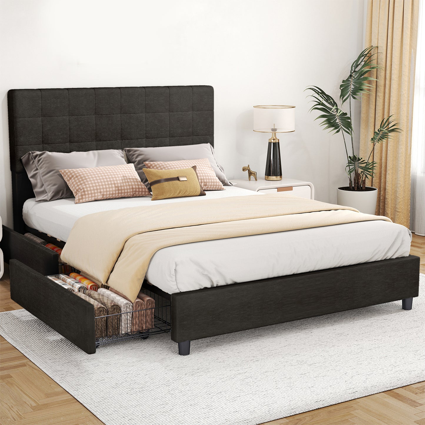 Queen Bed Frame Upholstered Vertical Channel Headboard Bed Frame With 4 Storage Drawers Wood Slats No Box Spring Needed Easy Assembly For Bedroom