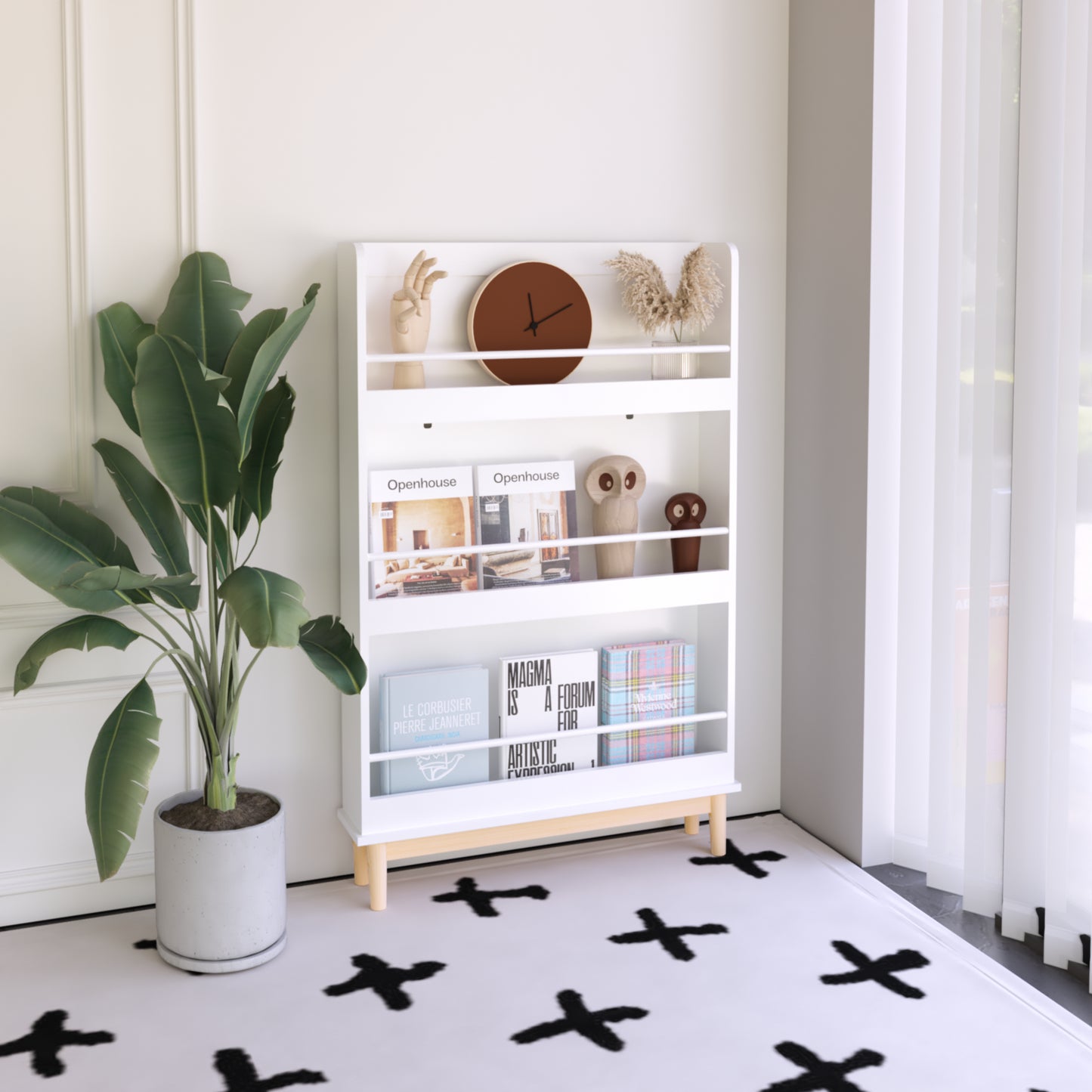 Wall-Mounted Kids Bookshelf With 3 Front-Facing Display Shelves, Modern White Book Rack With Natural Wood Base For Toddler Bedroom, Nursery Or Playroom