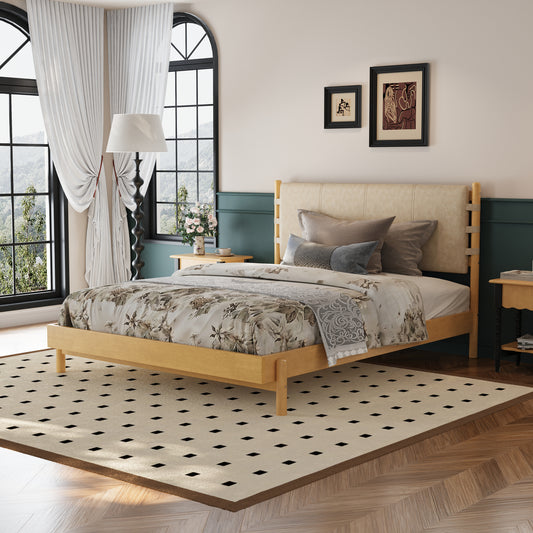Premium Rubber Wood Platform Bed Frame, Queen Bed Frame With Headboard Included, Mid Century Modern Bed With Beige Color