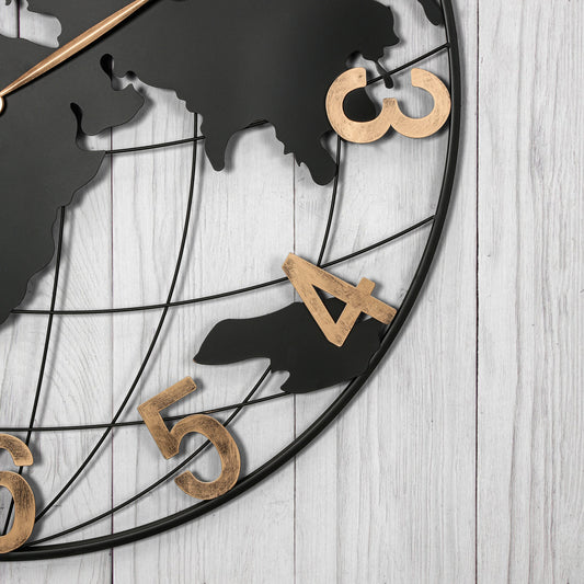 36 Inch Large Black Metal Wall Clock, Modern Silent World Map Wall Clock With Vintage Gold Arabic Numeral, Decorative For Living Room, Entryway, Dinning Room, Bedroom