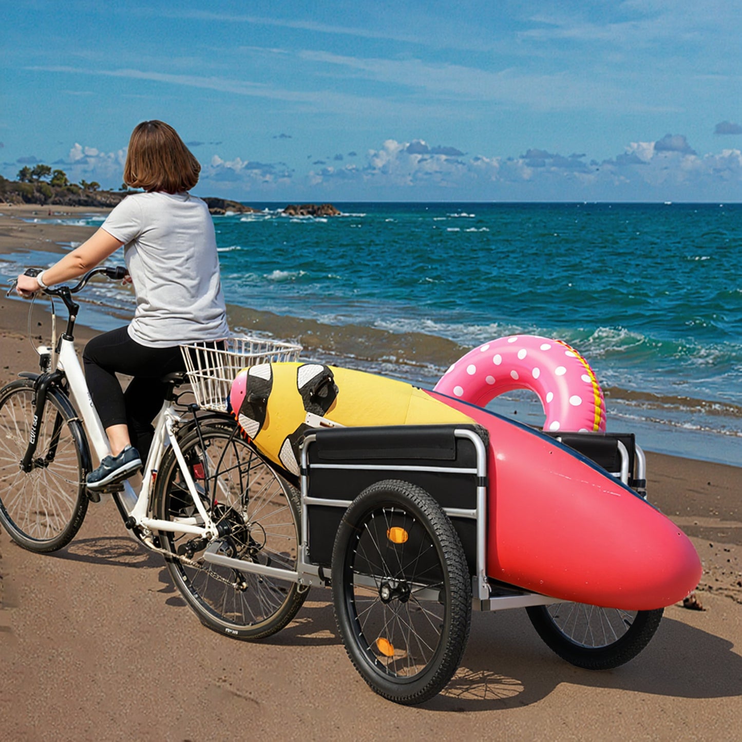 Bike Cargo Trailer 110lbs Load Capacity Heavy-Duty Bicycle Wagon Cart Foldable Compact Storage Universal Safe Hitch System Featuring Upgraded Fat Tires For Camping Groceries Hauling