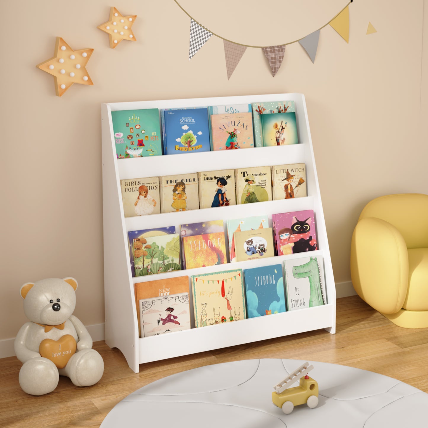 4-Tier Kids Bookshelf, Toddler Book Display Shelves, Helps Keep Bedrooms, Playrooms, And Classrooms Organized,White