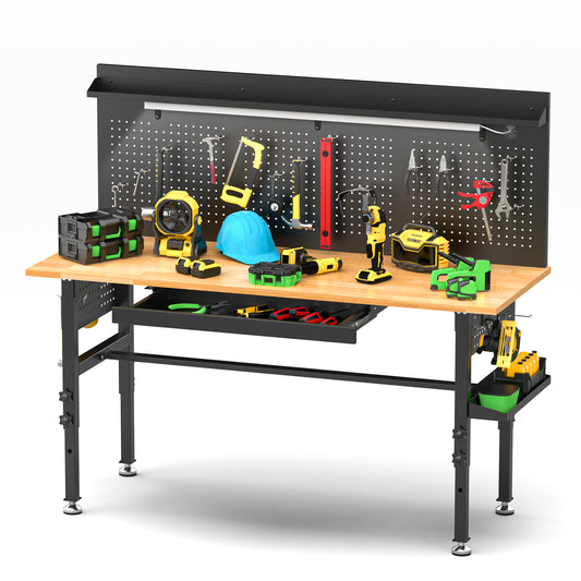 60in Workbench With Drawers ,Solid Wood Top, 2000 Lbs Capacity, Adjustable Height Garage Work Table With Power Outlet, LED Light, Wheels Or Leveling Feet