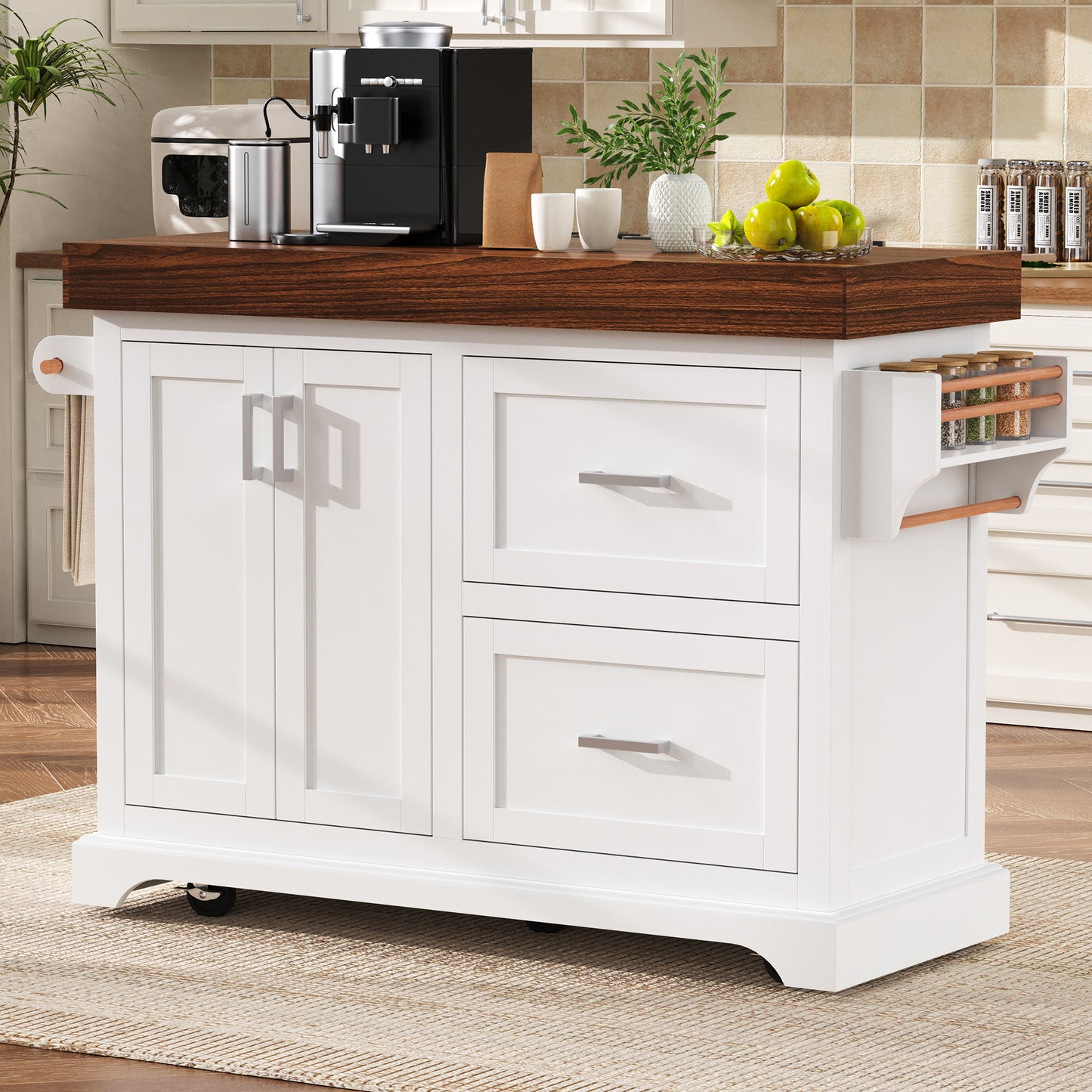 K&K 53 Large Kitchen Island With 3.5 Thick Desktop, Spice And Towel Racks, Rolling Kitchen Island With Storage On 5 Wheels, 2 Extra Large Drawers, For Home, Kitchen, Dining Room, White