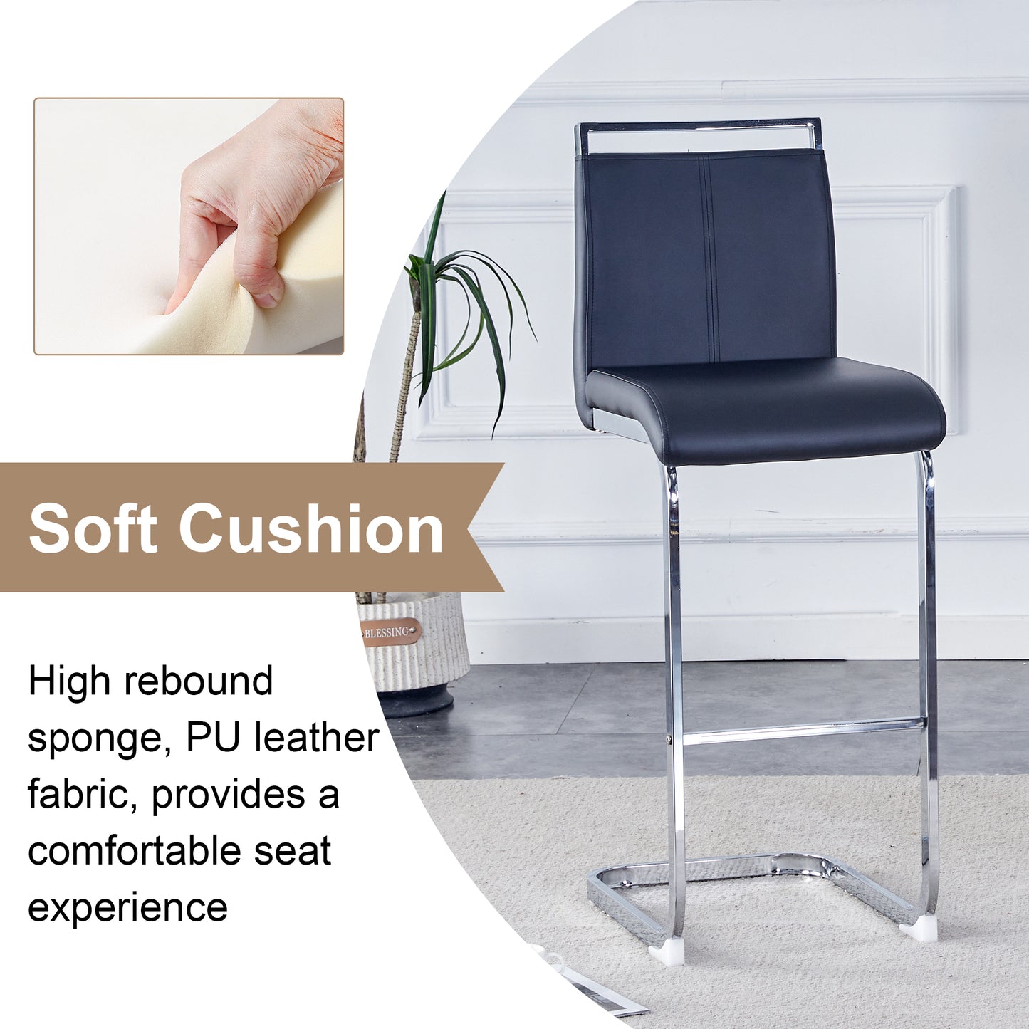 Modern And Beautiful Bar Stool Upholstered In PU Leather With C-shaped Silver Metal Legs For Dining Rooms, Kitchens, Terraces And Guest Office Chairs. Set Of 6 Black PU