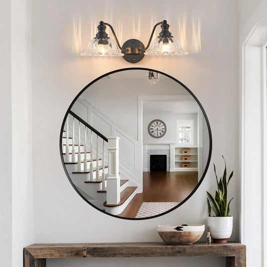 20 Inch 2-Light Vintage Bathroom Wall Sconce -- Elegant Black Metal And Glass Lampshade Vanity Light Fixture For Bathroom, Hallway, Or Bedroom Bulb Not Included
