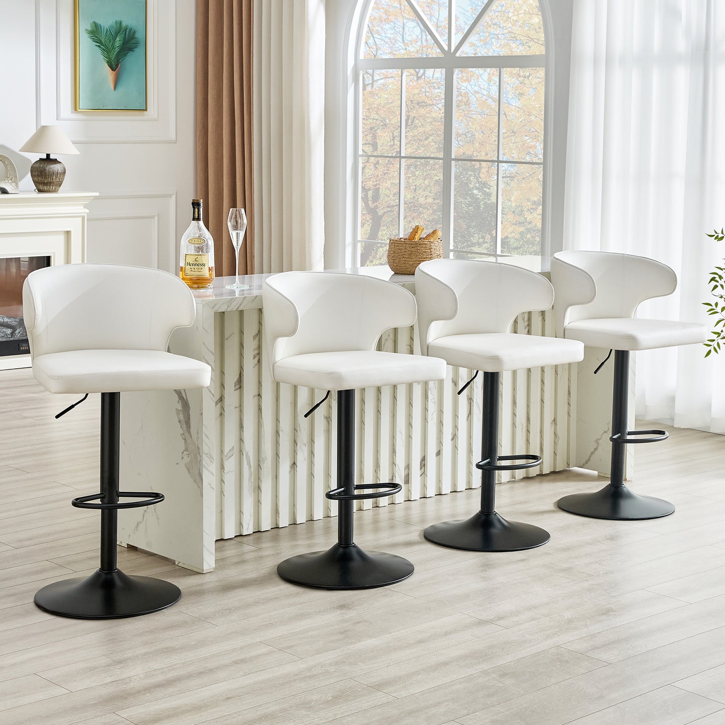 Modern Rotating Adjustable Bar Chair, PU Leather Belt Backrest Swivel Chair, Suitable For Kitchen Bar Counter And Dining Room, Adjustable Height, Capable Of Bearing 300 Pounds White -4 Pieces
