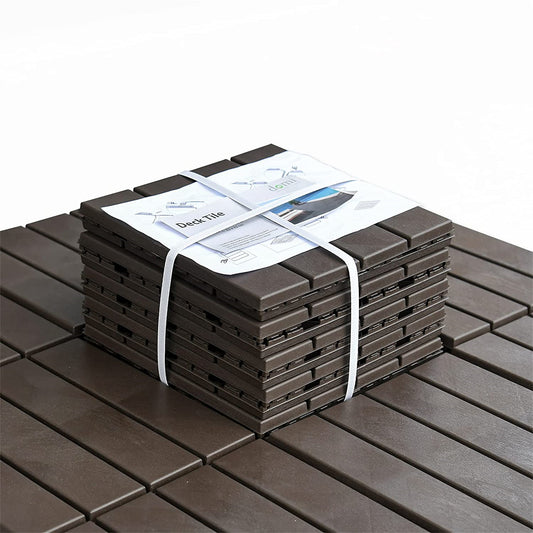Patio Interlocking Deck Tiles, 12 X12 Square Composite Decking Tiles, Four Slat Plastic Outdoor Flooring Tile All Weather For Balcony Porch Backyard, Dark Brown, Pack Of 27
