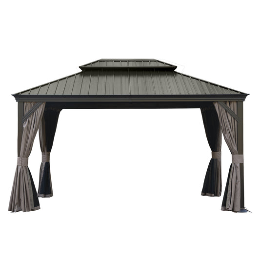 10 X 14 Hardtop Gazebo, Upgraded Metal Gazebo With Drainage System, Dual-Layer Galvanized Steel Roof, Curtain And Netting, Outdoor Shelter Canopy For Patio, Garden, And Backyard, Brown