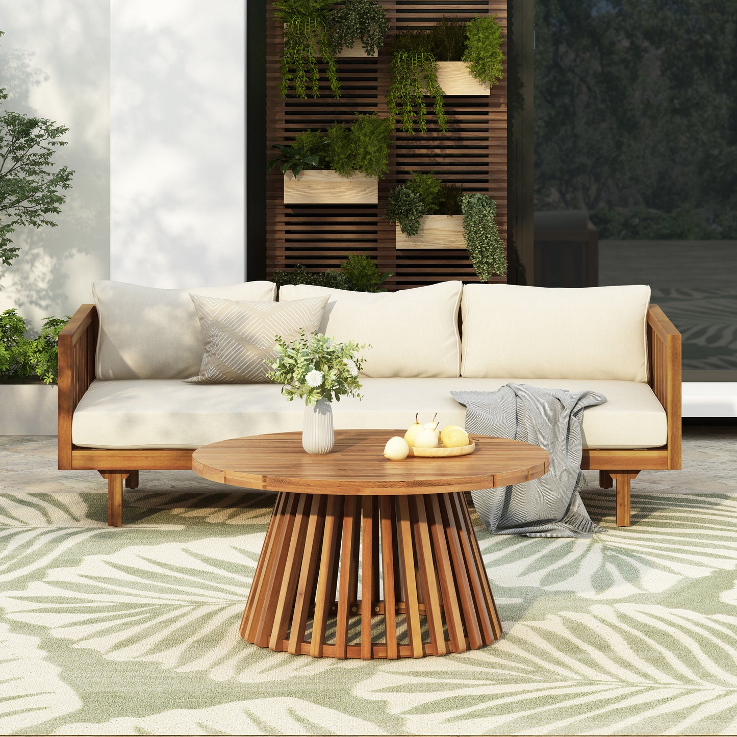 Acacia Wood Patio Furniture Set,Outdoor 3 Seater Daybed With Water Resistant Thick Cushions And Round Coffee Table, Beige Cushion