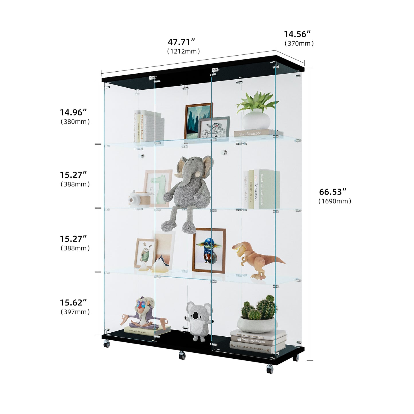 Glass Display Cabinet With 4 Shelves Extra Large, Curio Cabinets For Living Room, Bedroom, Office, Black Floor Standing Glass Bookshelf, Quick Installation