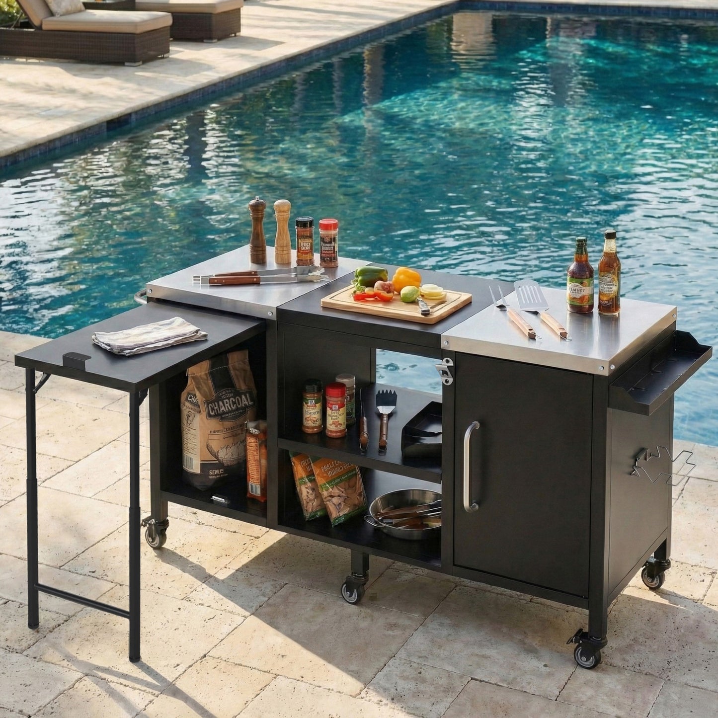 K&K 72.4 Large Grill Table For Large Big Green Egg, Metal Outdoor Grill Cart With Fold-out Prep Table, Adjustable Shelves, Spice Rack, Outdoor Kitchen Island For Big Green Egg, Kamado Joe Classic