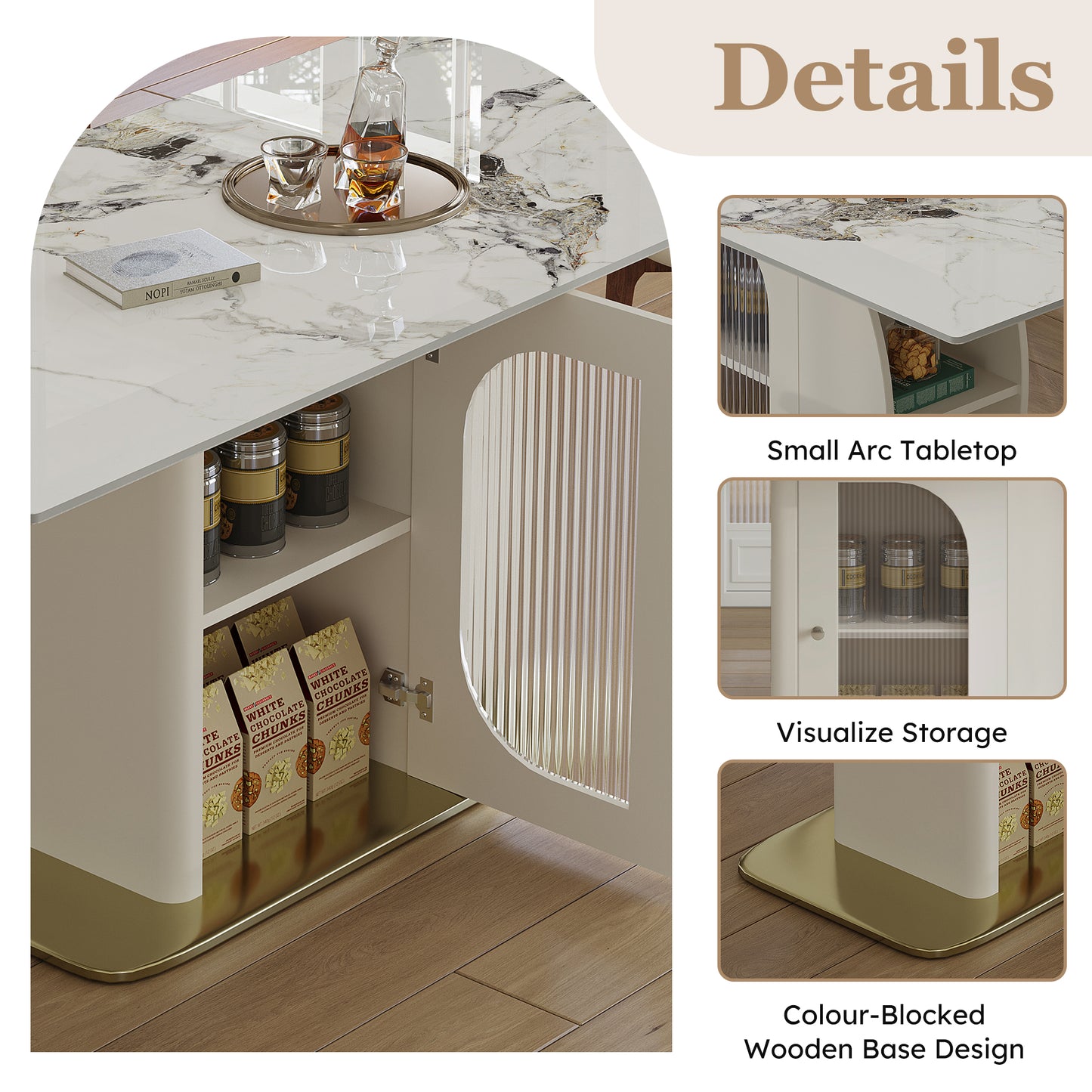 63 Modern Dining Table For 4-6 People Kitchen Table With Storage Shelf & Acrylic Door Cabinet Sintered Stone Tabletop With Golden Solid Wood Base Perfect For Apartments And Family Use