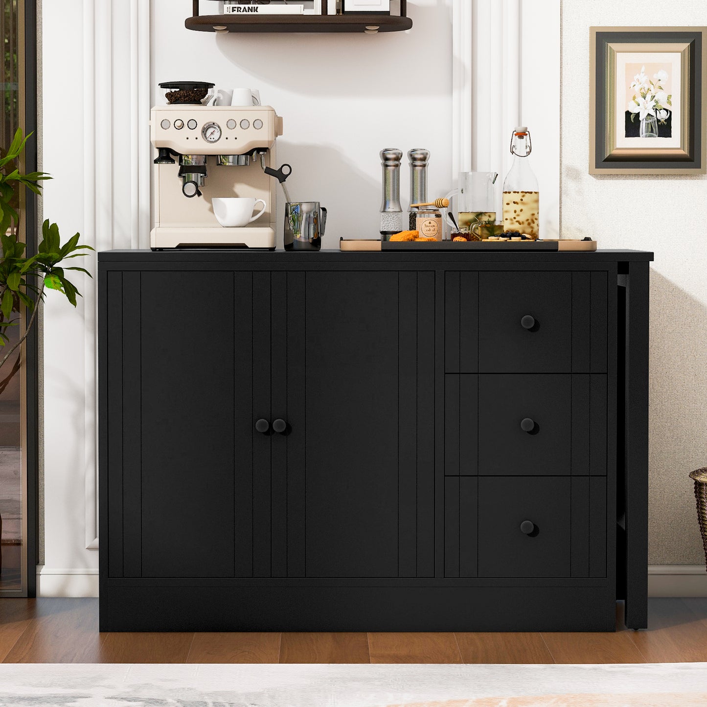 U-STYLE 89.7 Wooden Sideboard With Extendable Table Multifunctional Storage Cabinet With 2 Doors And 3 Drawers For Living Room Study Foyer And Kitchen