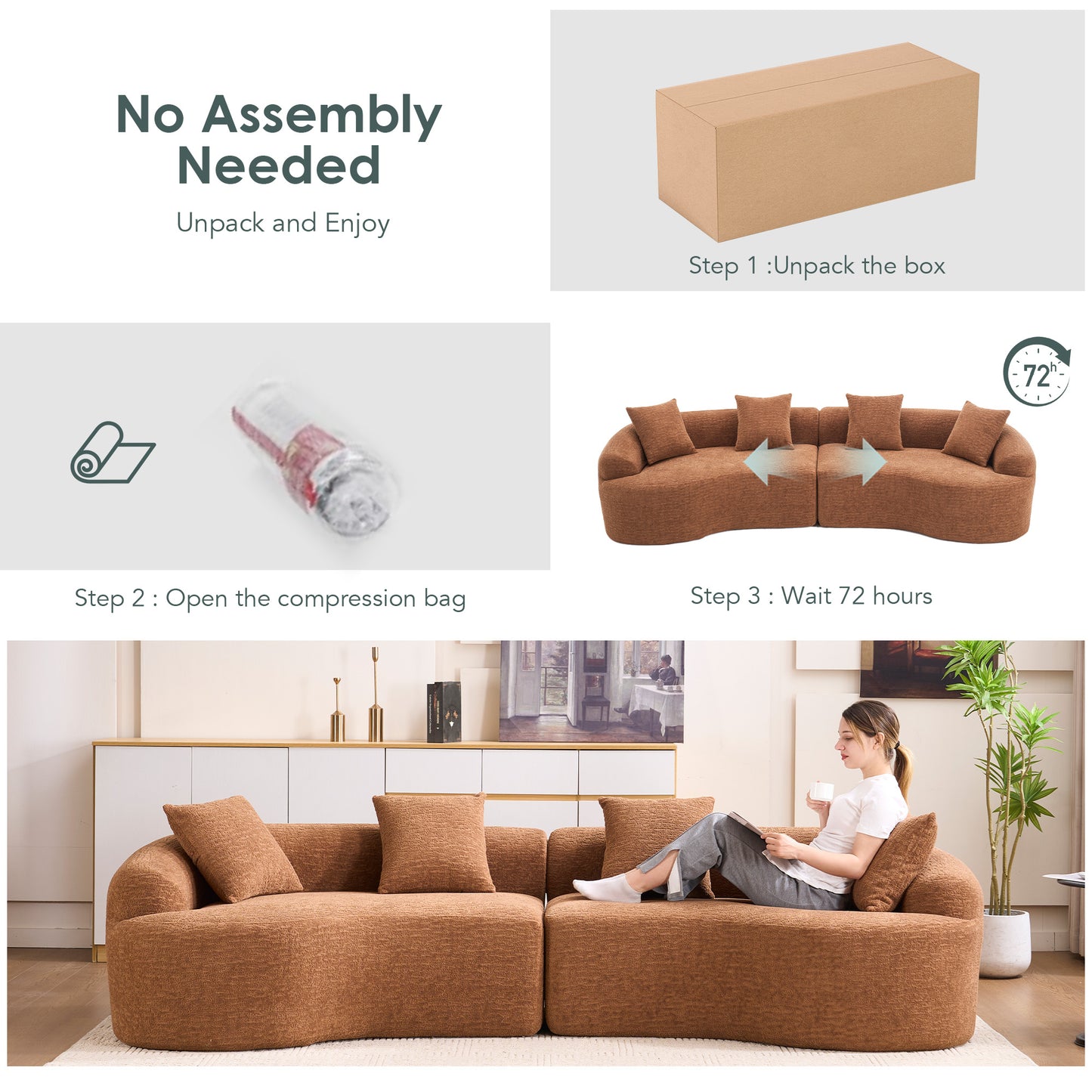 Compression Sponge Sofa Orange Curved Modular Sectional 30D High-Density Chenille Sleeper Couch For Apartment Living Room 110L