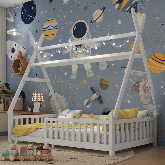 Twin House Bed With Light, Low Floor House Bed With Fence And Roof For Kids Boys Girls,WhiteExpect Arrive Date 2026 4 2 Old SKU W2593P296909